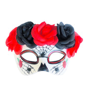 Day Of The Dead Masquerade Mask With Floral Band Black and Red - Spiderweb